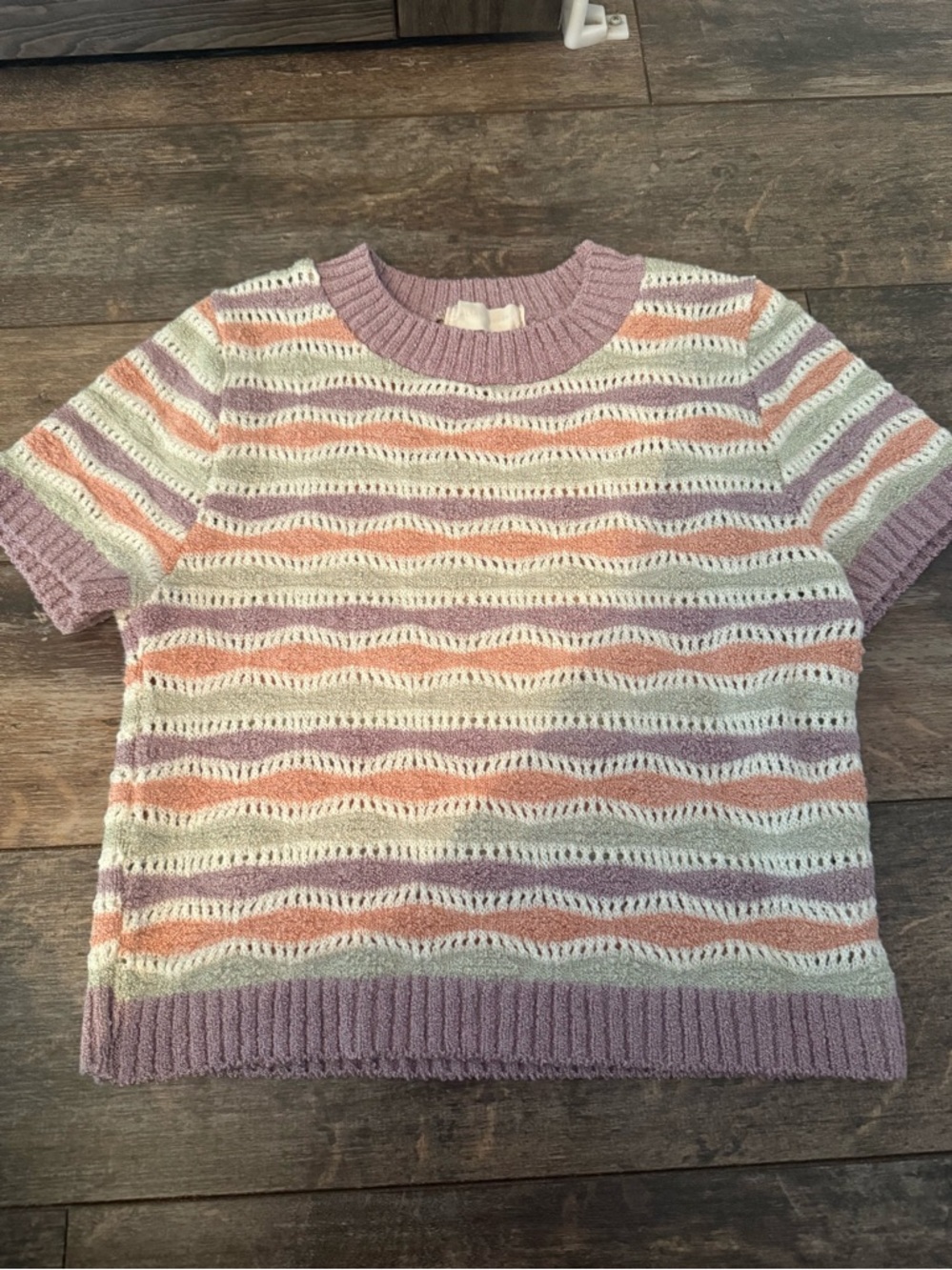 Altard State Small Short-Sleeve Striped Knit Sweater in Lavender, Peach & Cream